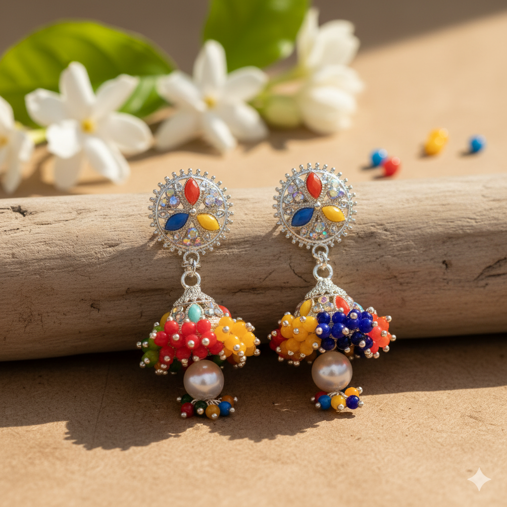 Vibrant Multi-Color Beaded Jhumka with Stone Stud - Traditional Festive Wear Earrings - Image 2